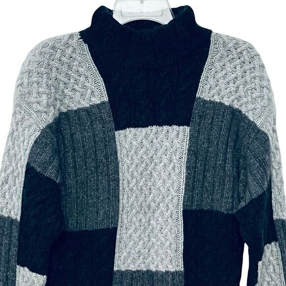 100% Cashmere Belford Gray Black Pathwork High Neck Cable Knit Sweater L - Picture 3 of 12